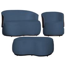 Kit Namoradeira + 1 Poltrona + Puff Decorativo Beatriz Orgânico Composê Couro Marrom Suede Azul Royal Mz Decor