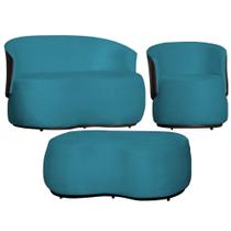 Kit Namoradeira + 1 Poltrona + Puff Decorativo Beatriz Orgânico Composê Couro Marrom Suede Azul Turquesa Mz Decor