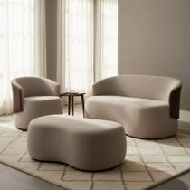 Kit Namoradeira + 1 Poltrona + Puff Decorativo Beatriz Orgânico Composê Couro Marrom Suede Capuccino Ms Decor