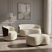 Kit Namoradeira + 1 Poltrona + Puff Decorativo Beatriz Orgânico Composê Couro Marrom Suede Marfim Ms Decor