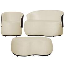 Kit Namoradeira + 1 Poltrona + Puff Decorativo Beatriz Orgânico Composê Couro Marrom Suede Marfim Ms Decor Kit Namoradeira + 1 Poltrona + Puff Decorativo Beatriz Orgânico Composê Couro Marrom Suede Marfim Ms Decor