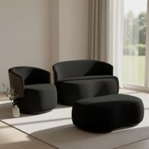 Kit Namoradeira + 1 Poltrona + Puff Decorativo Beatriz Orgânico Composê Couro Marrom Suede Preto Mz Decor Kit Namoradeira + 1 Poltrona + Puff Decorativo Beatriz Orgânico Composê Couro Marrom Suede Preto Mz Decor