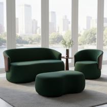 Kit Namoradeira + 1 Poltrona + Puff Decorativo Beatriz Orgânico Composê Couro Marrom Suede Verde Mz Decor