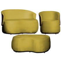 Kit Namoradeira + 1 Poltrona + Puff Decorativo Beatriz Orgânico Composê Couro Marrom Veludo Amarelo Mz Decor Kit Namoradeira + 1 Poltrona + Puff Decorativo Beatriz Orgânico Composê Couro Marrom Veludo Amarelo Mz Decor