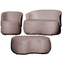 Kit Namoradeira + 1 Poltrona + Puff Decorativo Beatriz Orgânico Composê Couro Marrom Veludo Rosê Ms Decor