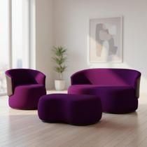 Kit Namoradeira + 1 Poltrona + Puff Decorativo Beatriz Orgânico Composê Couro Marrom Veludo Roxo Mz Decor