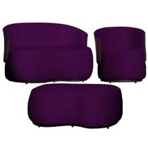 Kit Namoradeira + 1 Poltrona + Puff Decorativo Beatriz Orgânico Composê Couro Marrom Veludo Roxo Mz Decor Kit Namoradeira + 1 Poltrona + Puff Decorativo Beatriz Orgânico Composê Couro Marrom Veludo Roxo Mz Decor