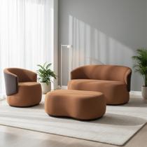 Kit Namoradeira + 1 Poltrona + Puff Decorativo Beatriz Orgânico Composê Couro Marrom Veludo Terracota Mz Decor Kit Namoradeira + 1 Poltrona + Puff Decorativo Beatriz Orgânico Composê Couro Marrom Veludo Terracota Mz Decor