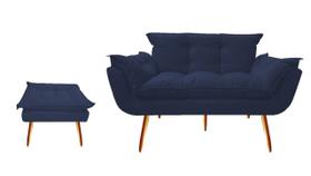 Kit Namoradeira +1 Puff Puf Decorativo Opala Suede Azul Marinho Pés Madeira Mz Decor