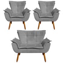 Kit Namoradeira 2 Lugares e 2 Poltronas Decorativas Pés Palito Opla Suede Grafite - Ibiza