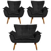 Kit Namoradeira 2 Lugares e 2 Poltronas Decorativas Pés Palito Opla Suede Preto - Ibiza