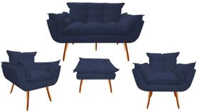 Kit Namoradeira + 2 Poltronas + 1 Puff Decorativo Opala Suede Azul Marinho Pés Madeira Ms Decor