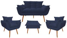 Kit Namoradeira + 2 Poltronas + 1 Puff Decorativo Opala Suede Azul Marinho Pés Madeira Mz Decor Kit Namoradeira + 2 Poltronas + 1 Puff Decorativo Opala Suede Azul Marinho Pés Madeira Mz Decor
