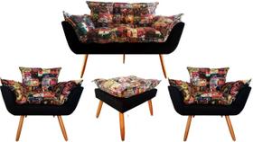 Kit Namoradeira + 2 Poltronas + 1 Puff Decorativo Opala Suede Composê Cerveja Pés Madeira Ms Decor