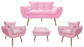 Kit Namoradeira + 2 Poltronas + 1 Puff Decorativo Opala Suede Rosa Bebê Pés Madeira Mz Decor