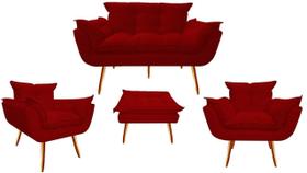 Kit Namoradeira + 2 Poltronas + 1 Puff Decorativo Opala Suede Vermelho Pés Madeira Ms Decor