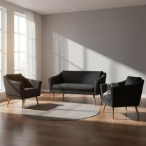 Kit Namoradeira + 2 Poltronas Decorativa Agatha Couro Preto Pés Madeira Mz Decor