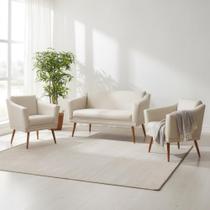 Kit Namoradeira + 2 Poltronas Decorativa Agatha Suede Bege Pés Madeira Mz Decor