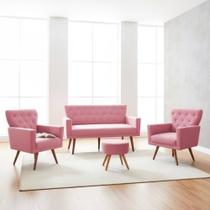 Kit Namoradeira + 2 Poltronas Decorativa Aurora + Puff Redondo Suede Rosa Pés Madeira Ms Decor Kit Namoradeira + 2 Poltronas Decorativa Aurora + Puff Redondo Suede Rosa Pés Madeira Ms Decor