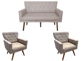Kit Namoradeira + 2 Poltronas Decorativa Aurora Suede Bege Pés Madeira Ms Decor Kit Namoradeira + 2 Poltronas Decorativa Aurora Suede Bege Pés Madeira Ms Decor