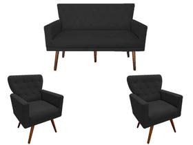 Kit Namoradeira + 2 Poltronas Decorativa Aurora Suede Preto Pés Madeira Ms Decor