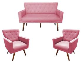 Kit Namoradeira + 2 Poltronas Decorativa Aurora Suede Rosa Pés Madeira Mz Decor