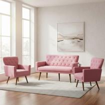 Kit Namoradeira + 2 Poltronas Decorativa Aurora Suede Rosa Pés Madeira Mz Decor Kit Namoradeira + 2 Poltronas Decorativa Aurora Suede Rosa Pés Madeira Mz Decor