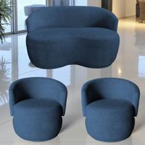 Kit Namoradeira + 2 Poltronas Decorativa Beatriz Orgânica Bouclé Azul Marinho