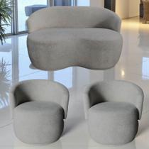 Kit Namoradeira + 2 Poltronas Decorativa Beatriz Orgânica Bouclé Cinza Claro