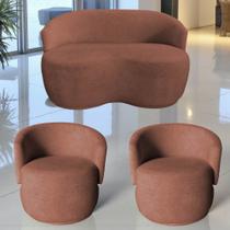 Kit Namoradeira + 2 Poltronas Decorativa Beatriz Orgânica Bouclé Terracota
