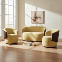 Kit Namoradeira + 2 Poltronas Decorativa Beatriz Orgânica Composê Couro Marrom Couro Amarelo Ms Decor