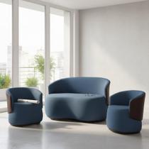 Kit Namoradeira + 2 Poltronas Decorativa Beatriz Orgânica Composê Couro Marrom Suede Azul Royal Ms Decor