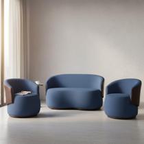 Kit Namoradeira + 2 Poltronas Decorativa Beatriz Orgânica Composê Couro Marrom Suede Azul Royal Mz Decor