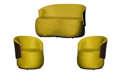 Kit Namoradeira + 2 Poltronas Decorativa Beatriz Orgânica Composê Couro Marrom Veludo Amarelo Ms Decor