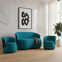 Kit Namoradeira + 2 Poltronas Decorativa Beatriz Orgânica Composê Couro Marrom Veludo Azul Turquesa Ms Decor