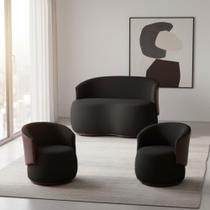Kit Namoradeira + 2 Poltronas Decorativa Beatriz Orgânica Composê Couro Marrom Veludo Preto Ms Decor