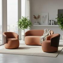 Kit Namoradeira + 2 Poltronas Decorativa Beatriz Orgânica Composê Couro Marrom Veludo Terracota Mz Decor Kit Namoradeira + 2 Poltronas Decorativa Beatriz Orgânica Composê Couro Marrom Veludo Terracota Mz Decor