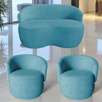 Kit Namoradeira + 2 Poltronas Decorativa Beatriz Orgânica Suede Azul Turquesa Kit Namoradeira + 2 Poltronas Decorativa Beatriz Orgânica Suede Azul Turquesa