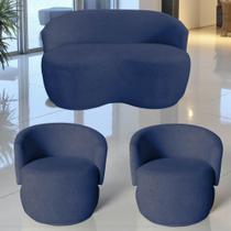 Kit Namoradeira + 2 Poltronas Decorativa Beatriz Orgânica Veludo Azul Marinho