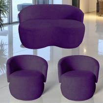 Kit Namoradeira + 2 Poltronas Decorativa Beatriz Orgânica Veludo Roxo