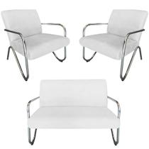 Kit Namoradeira + 2 Poltronas Decorativa Bela Couro Branco Braço Cromado Kit Namoradeira + 2 Poltronas Decorativa Bela Couro Branco Braço Cromado