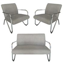 Kit Namoradeira + 2 Poltronas Decorativa Bela Linho Bege Braço Cromado Kit Namoradeira + 2 Poltronas Decorativa Bela Linho Bege Braço Cromado