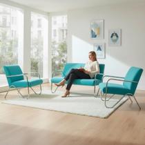 Kit Namoradeira + 2 Poltronas Decorativa Bela Suede Azul Turquesa Braço Cromado Kit Namoradeira + 2 Poltronas Decorativa Bela Suede Azul Turquesa Braço Cromado