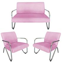 Kit Namoradeira + 2 Poltronas Decorativa Bela Suede Rosa Bebê Braço Cromado