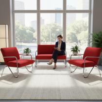 Kit Namoradeira + 2 Poltronas Decorativa Bela Suede Vermelho Braço Cromado