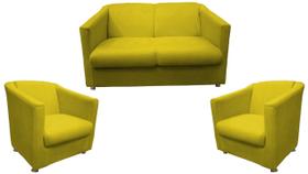 Kit Namoradeira + 2 Poltronas Decorativa Biane Couro Amarelo Pés Cromado Mz Decor