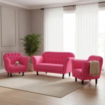Kit Namoradeira + 2 Poltronas Decorativa Dália Couro Rosa Pink Pés Madeira Ms Decor Kit Namoradeira + 2 Poltronas Decorativa Dália Couro Rosa Pink Pés Madeira Ms Decor