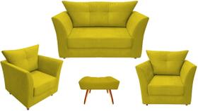 Kit Namoradeira + 2 Poltronas Decorativa Isis + 1 Puff Retangular Couro Amarelo Pés Madeira Ms Decor