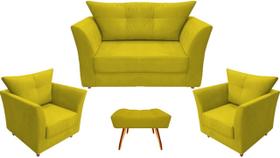 Kit Namoradeira + 2 Poltronas Decorativa Isis + 1 Puff Retangular Couro Amarelo Pés Madeira Mz Decor