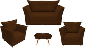 Kit Namoradeira + 2 Poltronas Decorativa Isis + 1 Puff Retangular Couro Marrom Pés Madeira Ms Decor
